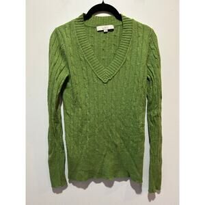 Loft y2k green cableknit sweater womens S cotton wool blend v neck 90s